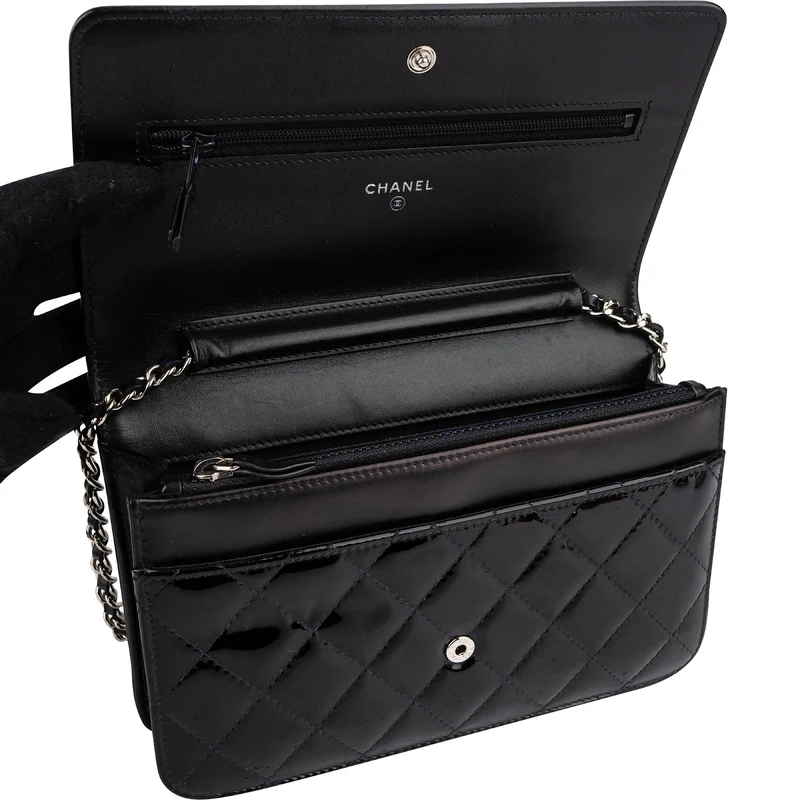 Chanel Patent Leather Quilted Boy Wallet On Chain Crossbody Bag