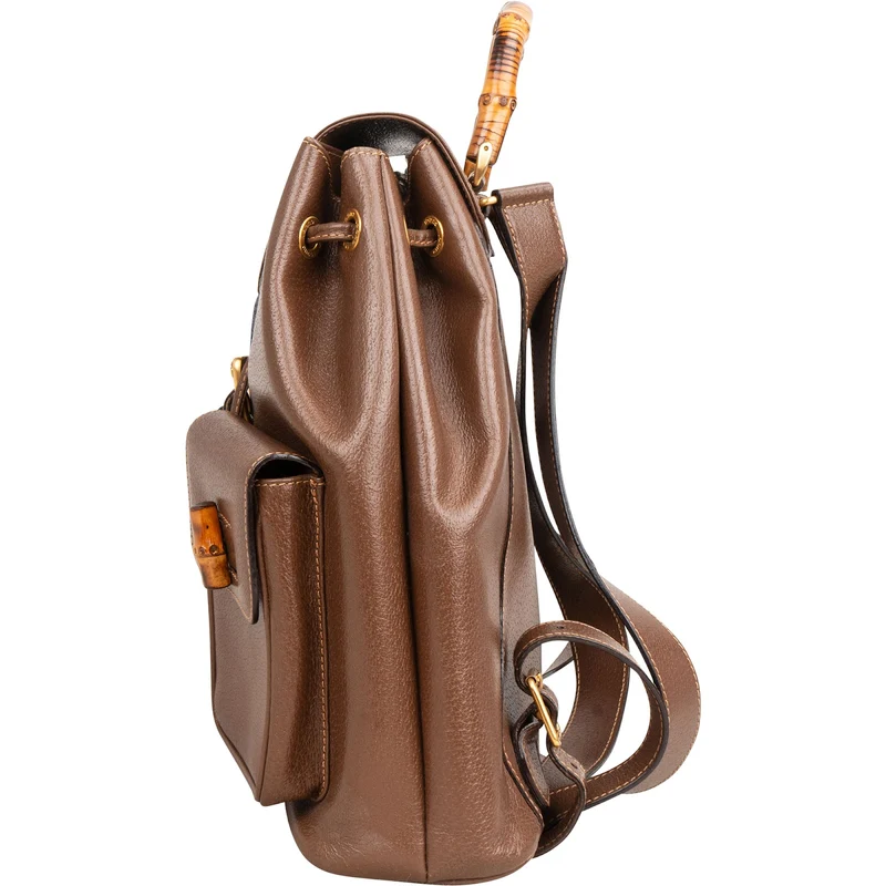 Gucci Brown Pebbled Leather Bamboo Drawstring Backpack