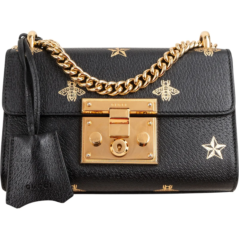 Gucci Grained Leather Padlock Bee Star Print Small Crossbody Bag