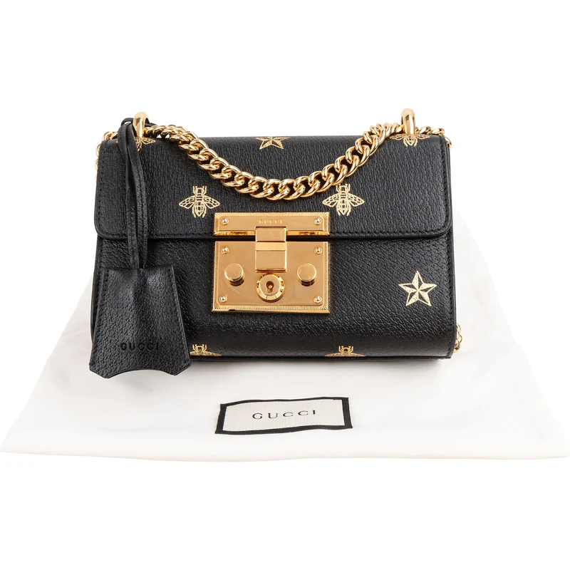 Gucci Grained Leather Padlock Bee Star Print Small Crossbody Bag