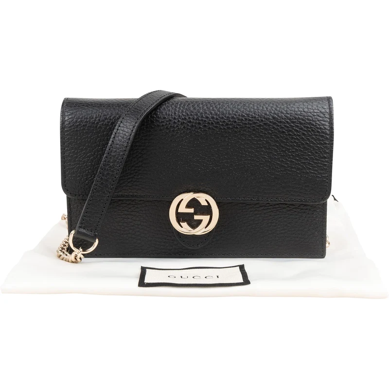 Gucci Pebbled Leather Interlocking GG Wallet On Chain Crossbody Bag