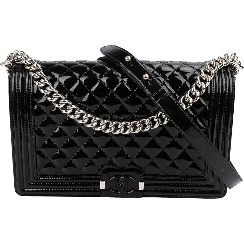Chanel Quilted Patent Caviar Leather Large Boy Single Flap Crossbody Bag