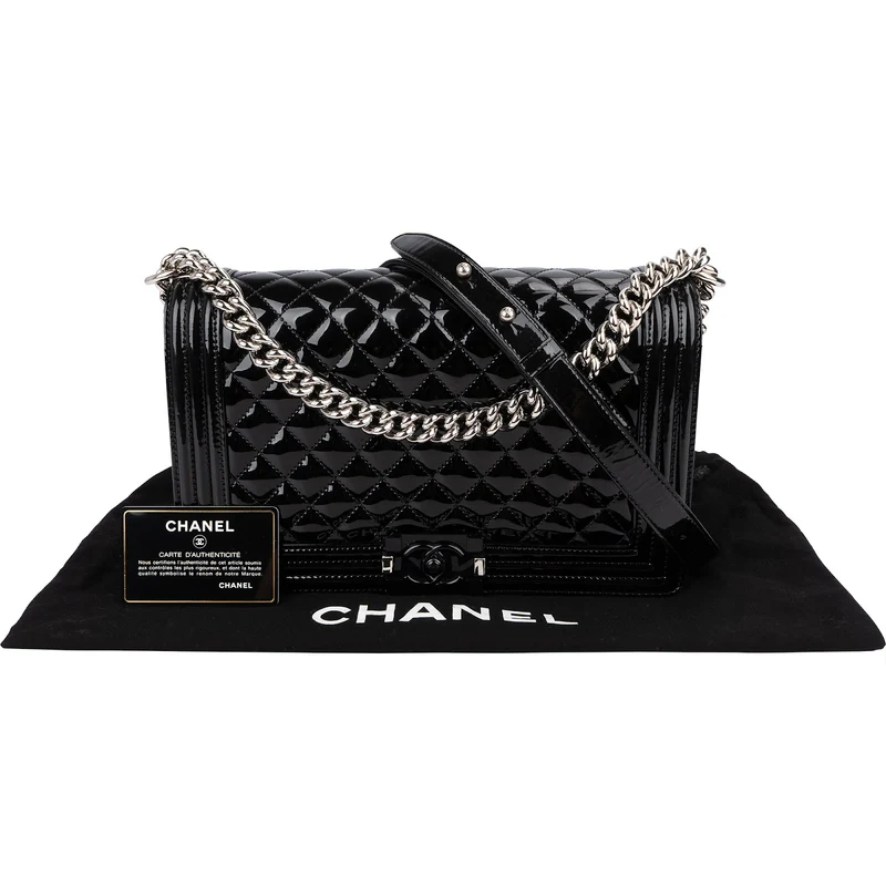 Chanel Quilted Patent Caviar Leather Large Boy Single Flap Crossbody Bag