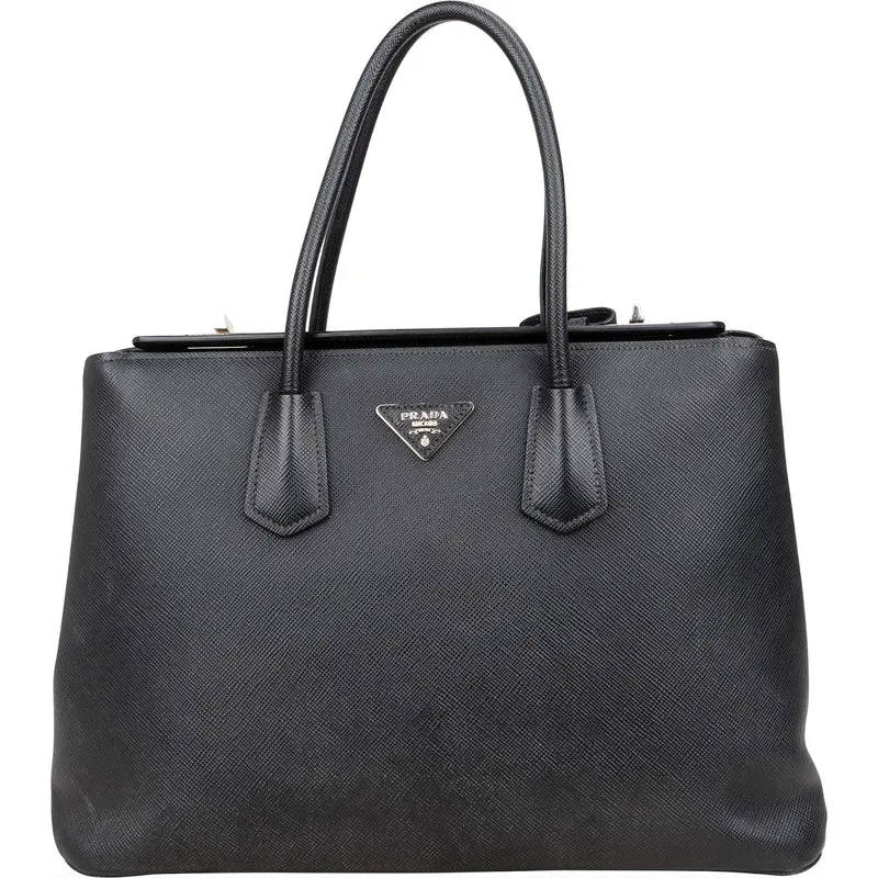 Prada Black Saffiano Leather Lux Turnlock Double Handbag