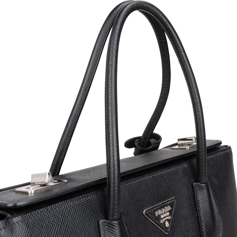 Prada Black Saffiano Leather Lux Turnlock Double Handbag
