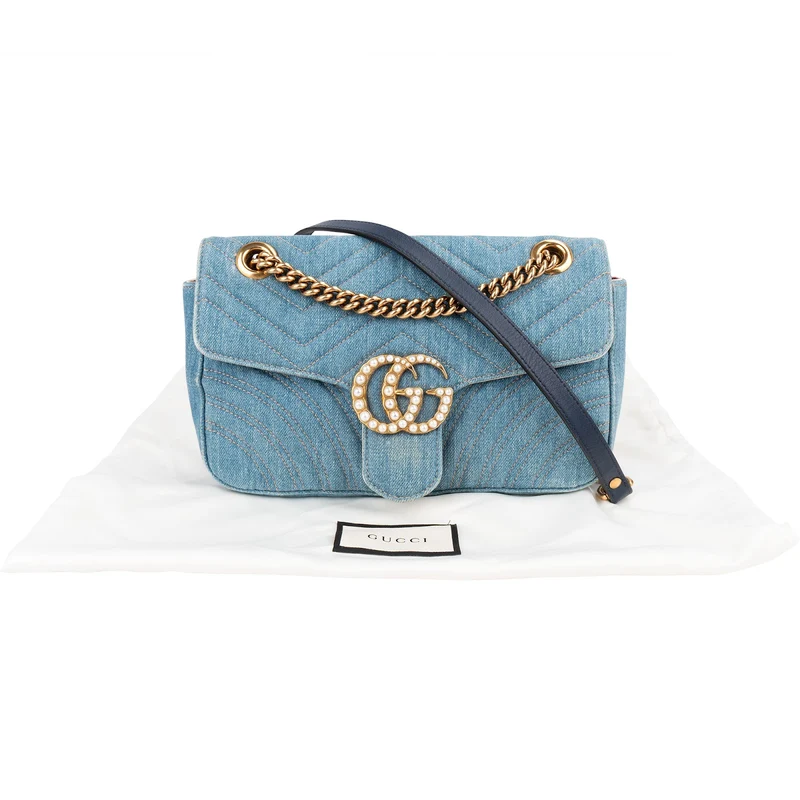 Gucci Denim Matelassé Denim Pearl GG Marmont Crossbody Bag