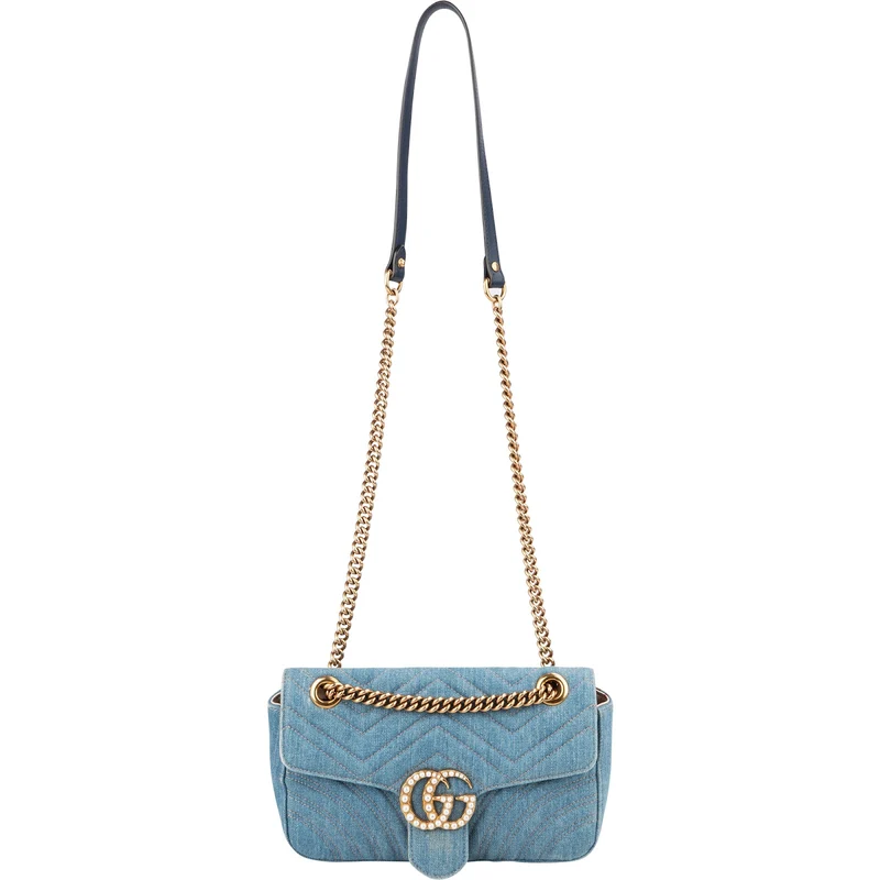 Gucci Denim Matelassé Denim Pearl GG Marmont Crossbody Bag