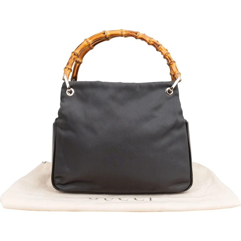 Gucci Black Leather Nylon Bamboo Top Handle Handbag
