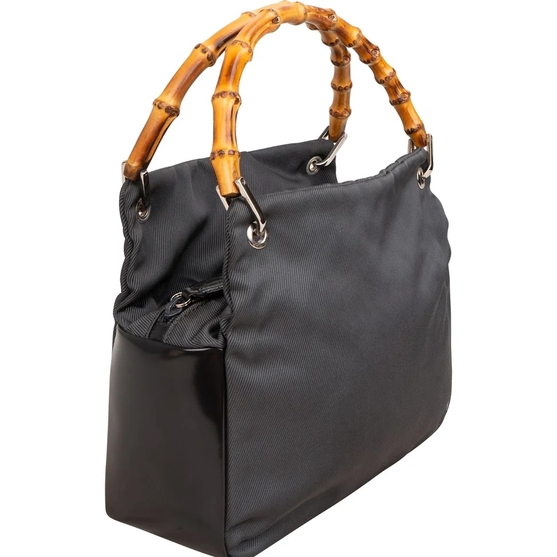Gucci Black Leather Nylon Bamboo Top Handle Handbag