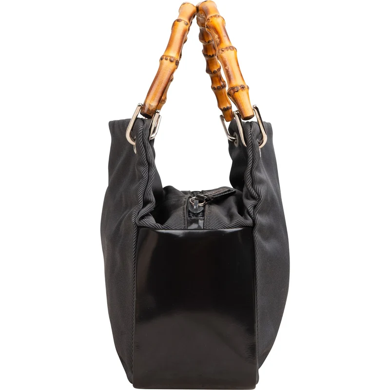 Gucci Black Leather Nylon Bamboo Top Handle Handbag