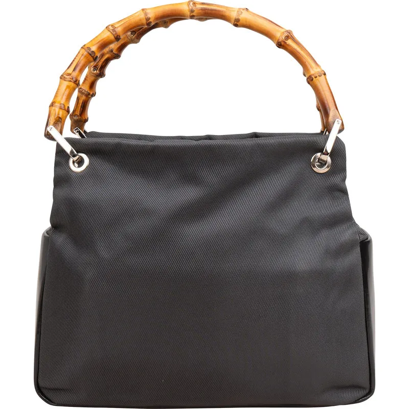 Gucci Black Leather Nylon Bamboo Top Handle Handbag