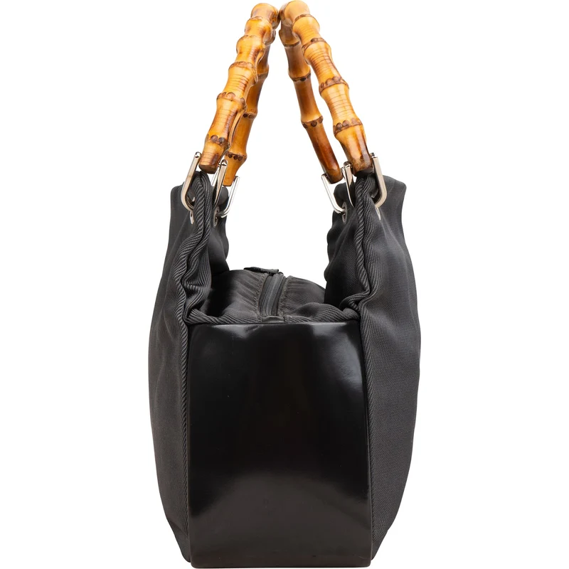 Gucci Black Leather Nylon Bamboo Top Handle Handbag