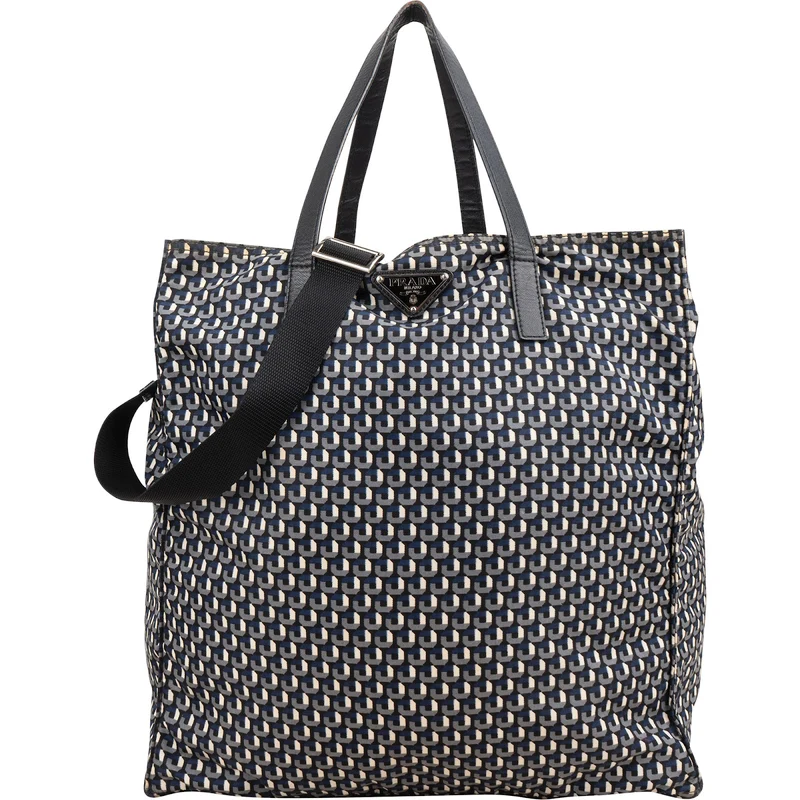 Prada Tessuto Stampato Monogram Saffiano Leather Tote Hobo Handbag