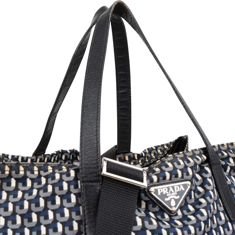 Prada Tessuto Stampato Monogram Saffiano Leather Tote Hobo Handbag