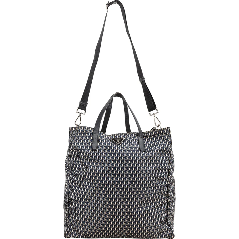 Prada Tessuto Stampato Monogram Saffiano Leather Tote Hobo Handbag