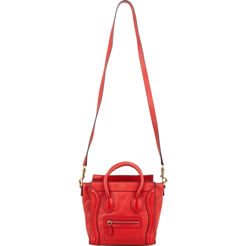 Céline Red Grained Calfskin Nano Luggage Handbag