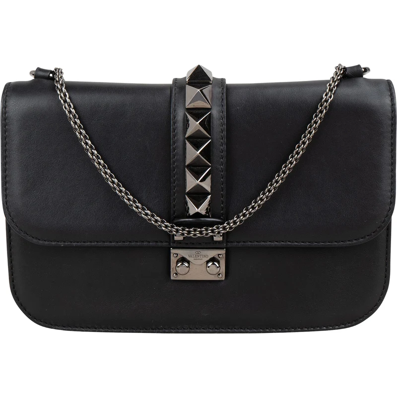 Valentino Garavani Noir Calfskin Leather Rockstud Glam Lock Crossbody Bag