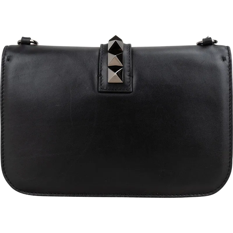 Valentino Garavani Noir Calfskin Leather Rockstud Glam Lock Crossbody Bag