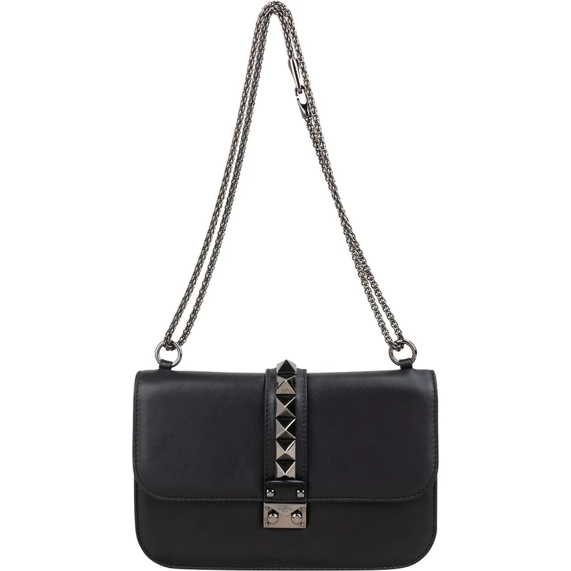 Valentino Garavani Noir Calfskin Leather Rockstud Glam Lock Crossbody Bag