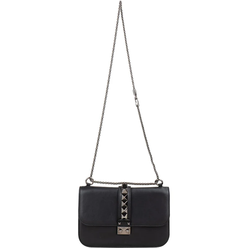 Valentino Garavani Noir Calfskin Leather Rockstud Glam Lock Crossbody Bag
