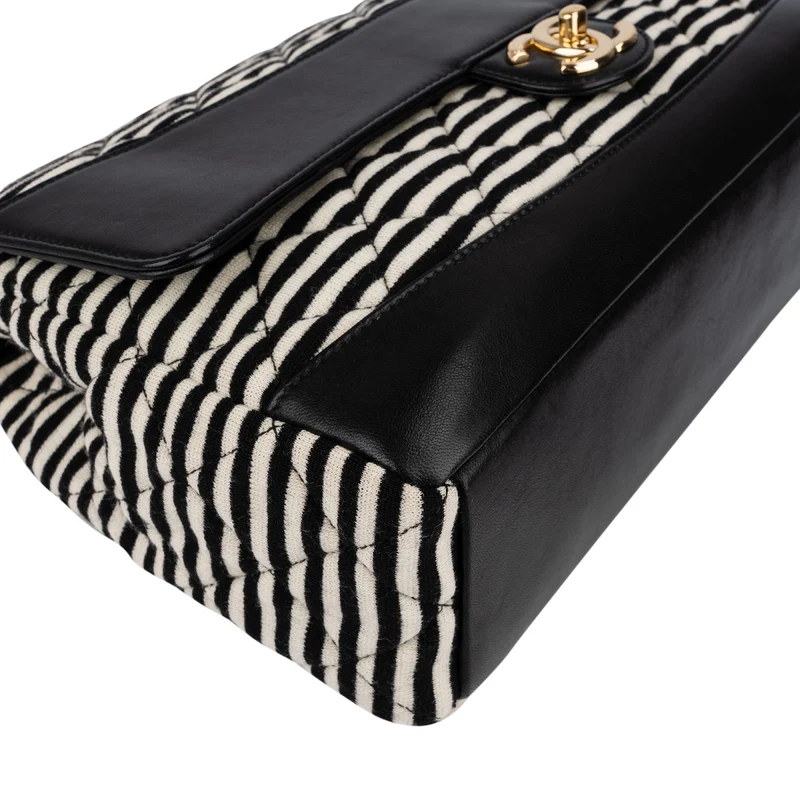 Chanel Striped Cotton Leather Single Flap Crossbody Bag