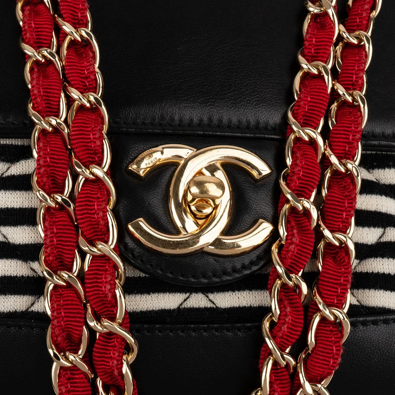 Chanel Striped Cotton Leather Single Flap Crossbody Bag