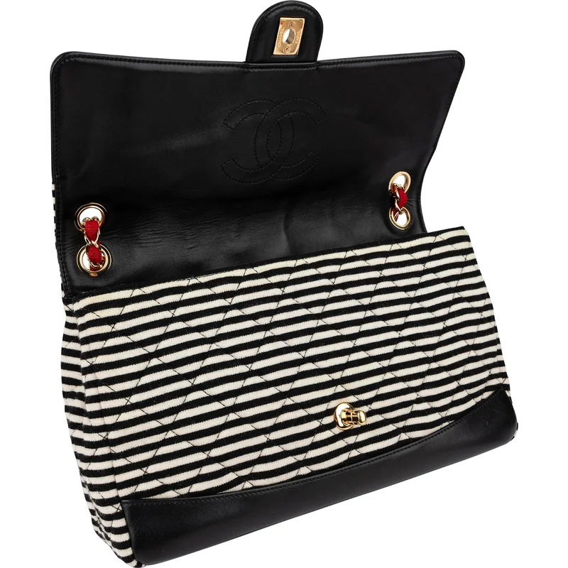 Chanel Striped Cotton Leather Single Flap Crossbody Bag