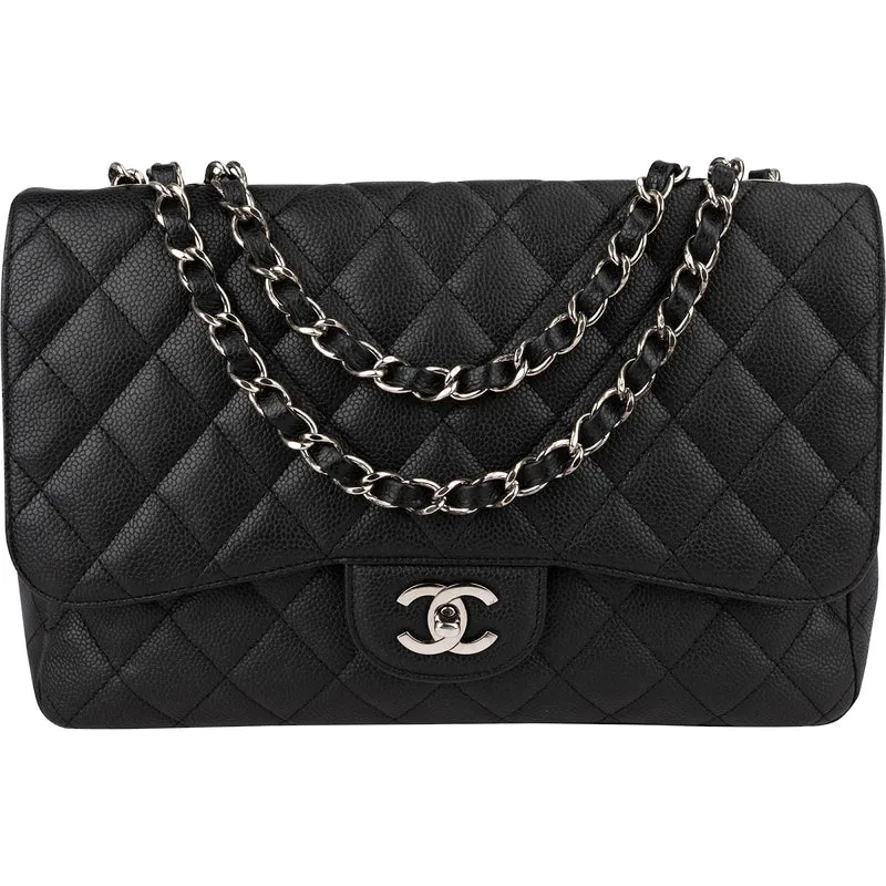 Chanel Quilted Caviar Leather Palladium Jumbo Single Flap Crossbody Bag