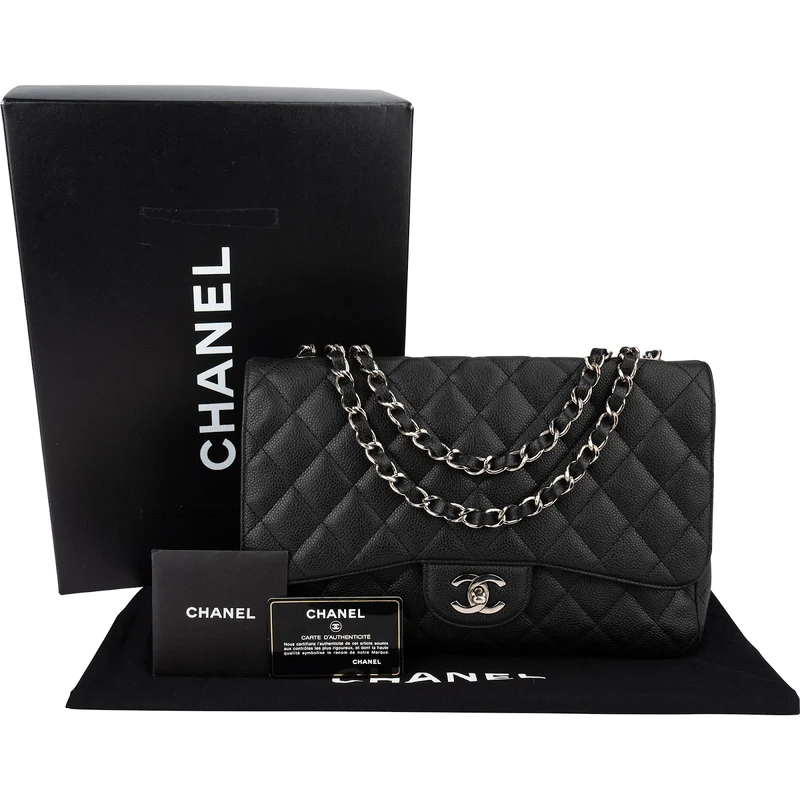 Chanel Quilted Caviar Leather Palladium Jumbo Single Flap Crossbody Bag