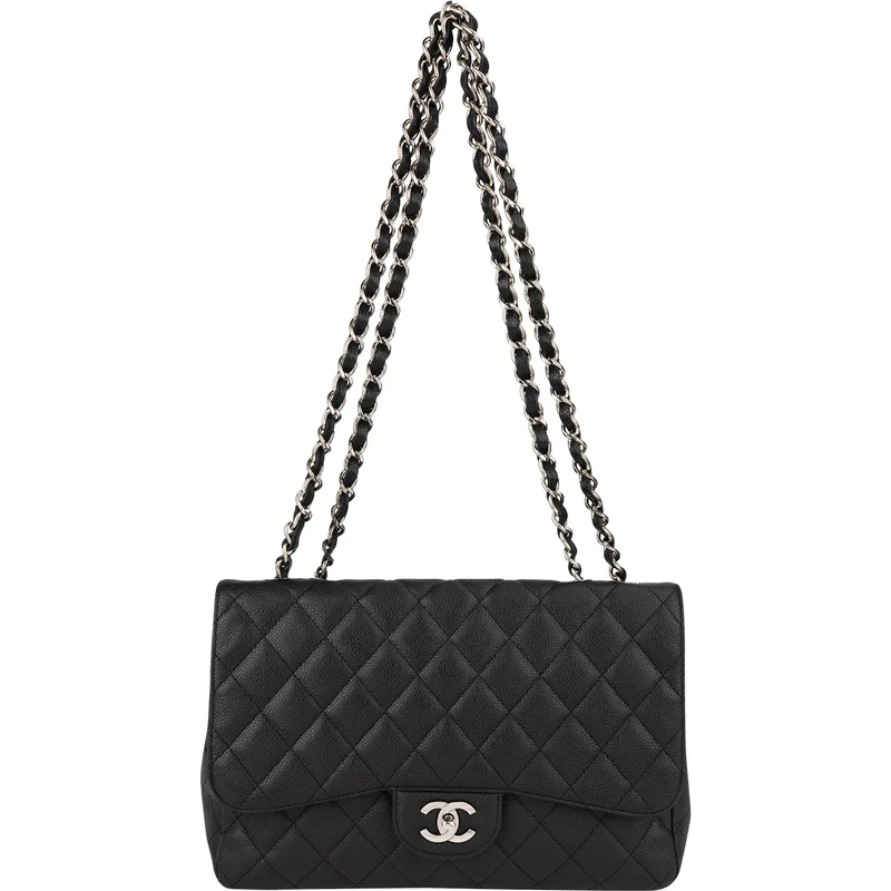 Chanel Quilted Caviar Leather Palladium Jumbo Single Flap Crossbody Bag