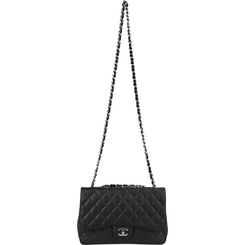 Chanel Quilted Caviar Leather Palladium Jumbo Single Flap Crossbody Bag