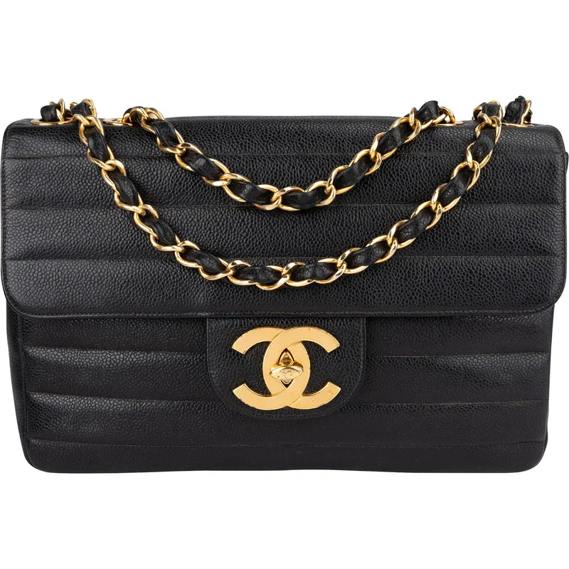 Chanel Horizontal Quilted Caviar Leather Jumbo 24K Gold Single Flap Crossbody Bag