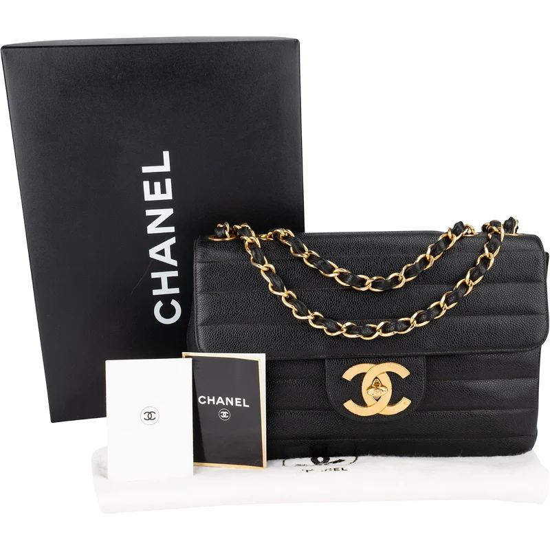 Chanel Horizontal Quilted Caviar Leather Jumbo 24K Gold Single Flap Crossbody Bag