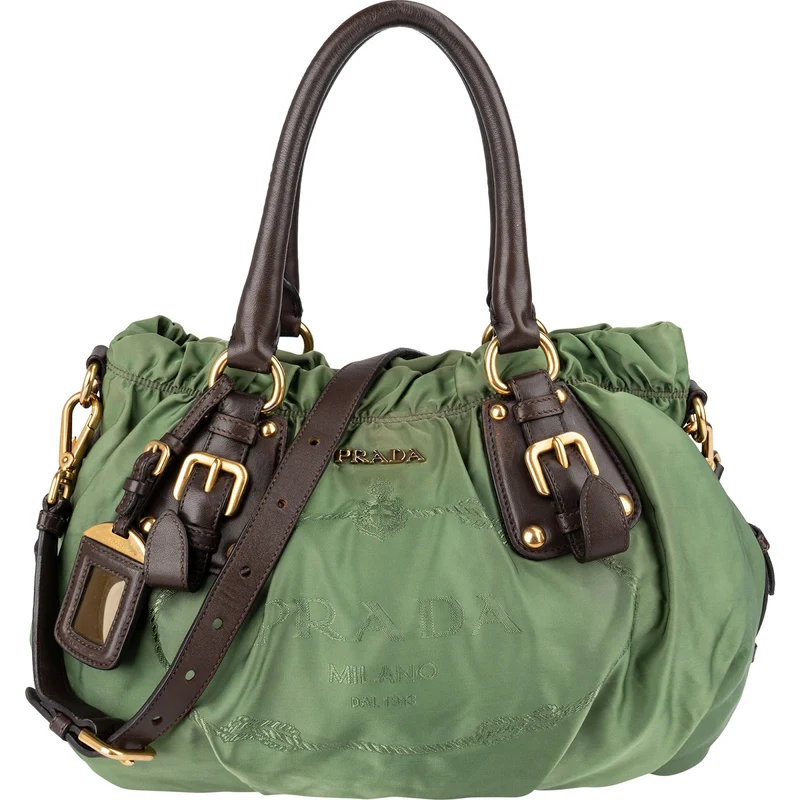 Prada Green Tessuto Gaufre Ricamo Satchel Handbag