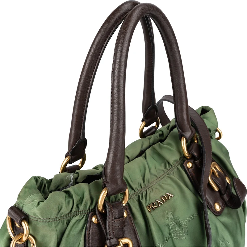 Prada Green Tessuto Gaufre Ricamo Satchel Handbag
