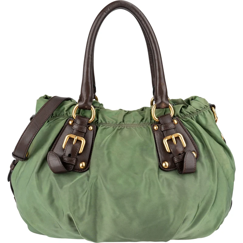 Prada Green Tessuto Gaufre Ricamo Satchel Handbag