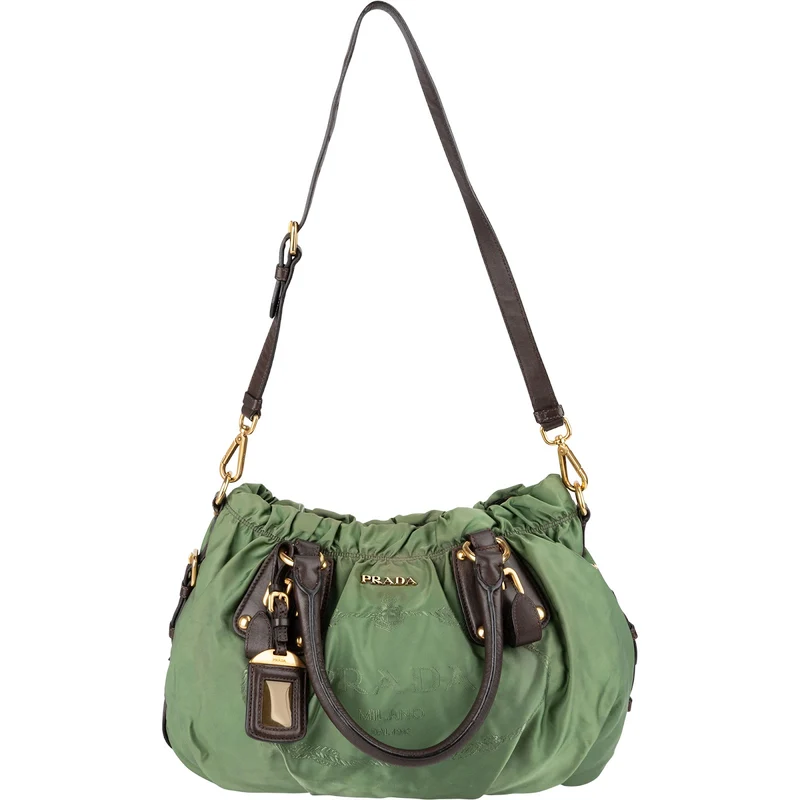 Prada Green Tessuto Gaufre Ricamo Satchel Handbag