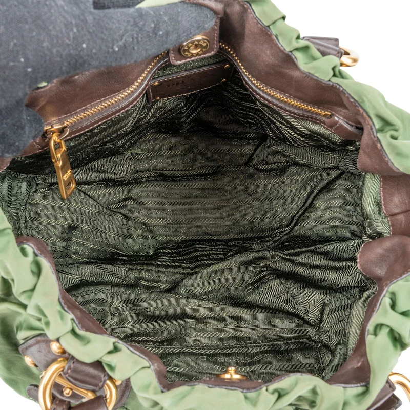 Prada Green Tessuto Gaufre Ricamo Satchel Handbag