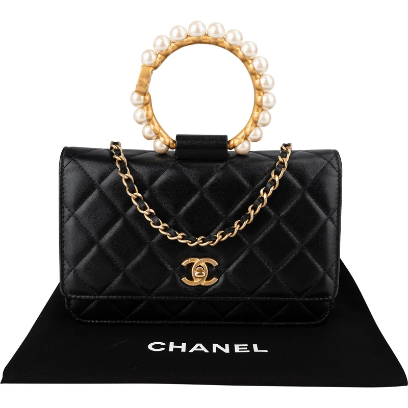 Chanel Quilted Lambskin Pearl Handle Wallet On Chain Crossbody Bag