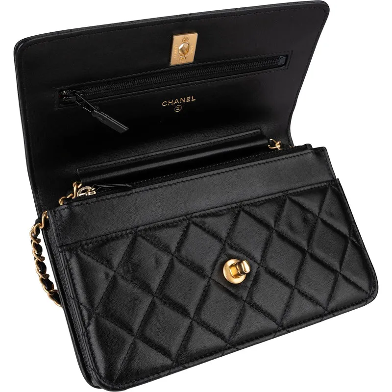 Chanel Quilted Lambskin Pearl Handle Wallet On Chain Crossbody Bag
