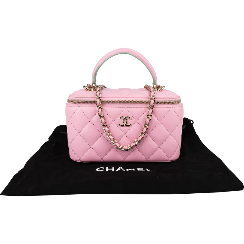 Chanel Pink Green Bicolor Quilted Lambskin Top Handle Vanity Case Crossbody Handbag
