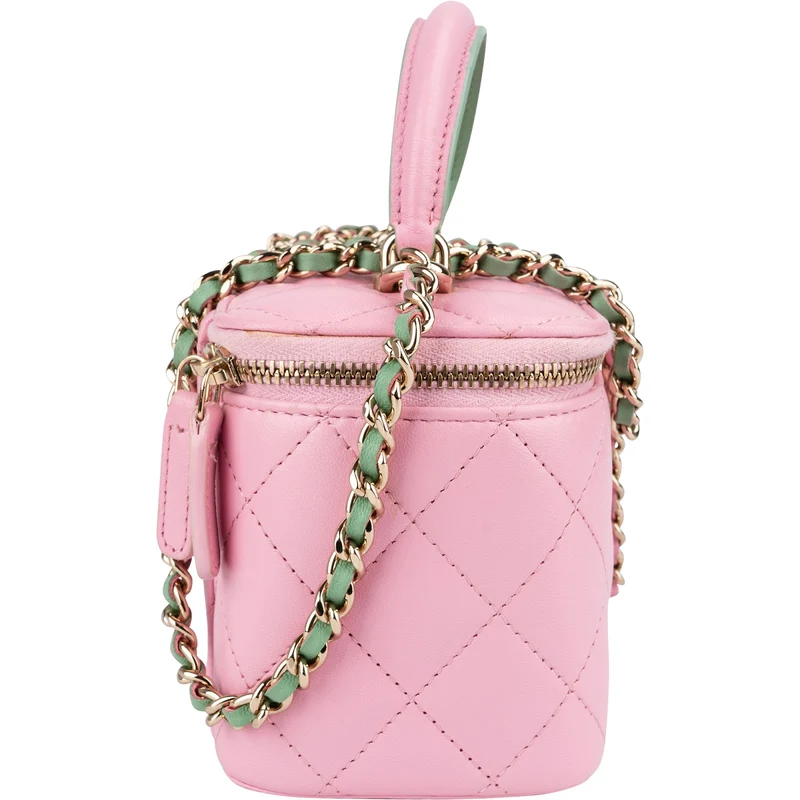 Chanel Pink Green Bicolor Quilted Lambskin Top Handle Vanity Case Crossbody Handbag