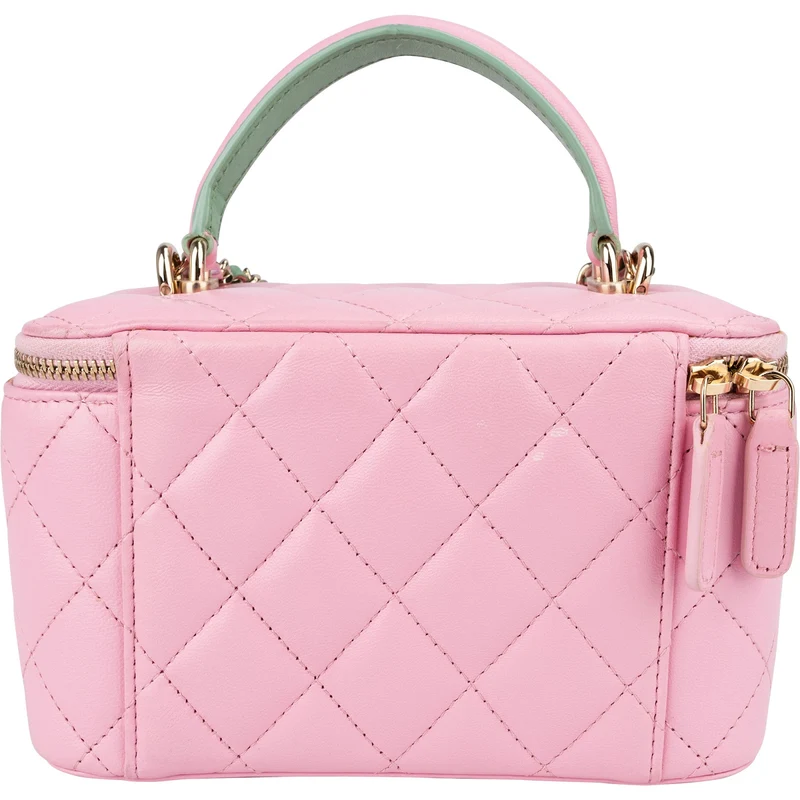 Chanel Pink Green Bicolor Quilted Lambskin Top Handle Vanity Case Crossbody Handbag