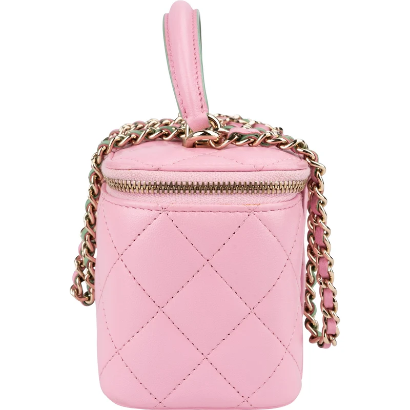 Chanel Pink Green Bicolor Quilted Lambskin Top Handle Vanity Case Crossbody Handbag