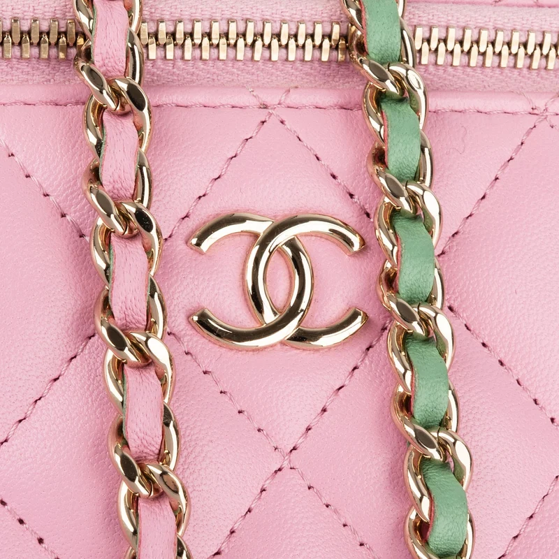 Chanel Pink Green Bicolor Quilted Lambskin Top Handle Vanity Case Crossbody Handbag