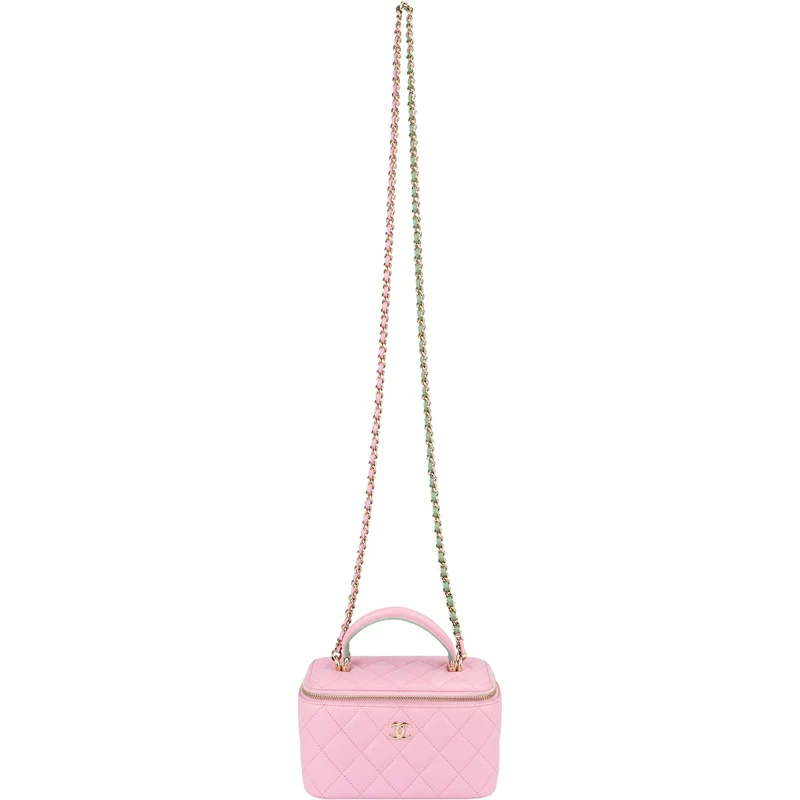 Chanel Pink Green Bicolor Quilted Lambskin Top Handle Vanity Case Crossbody Handbag