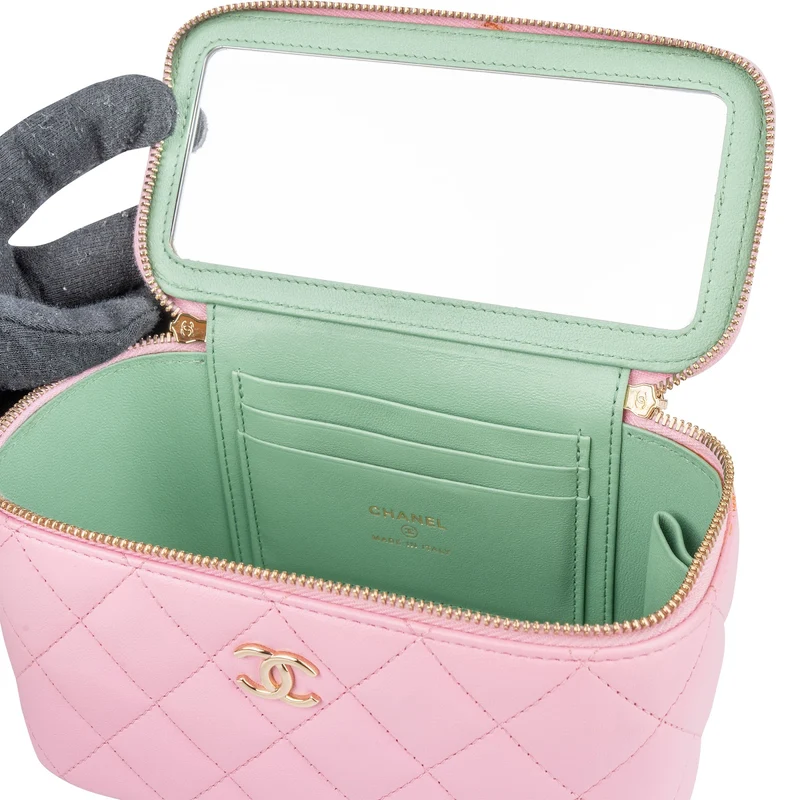 Chanel Pink Green Bicolor Quilted Lambskin Top Handle Vanity Case Crossbody Handbag