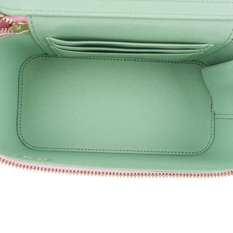 Chanel Pink Green Bicolor Quilted Lambskin Top Handle Vanity Case Crossbody Handbag