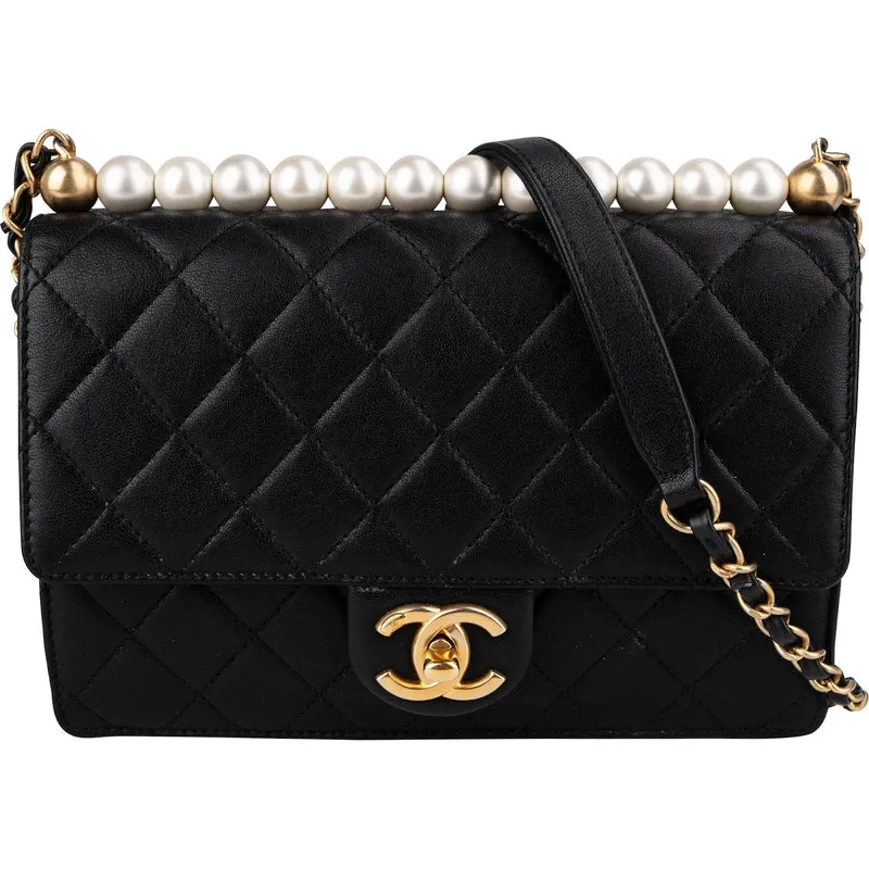 Chanel Quilted Lambskin Pearl on Top Single Flap Crossbody Bag