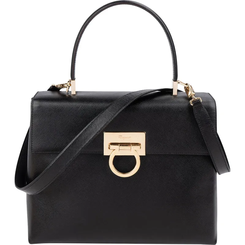 Salvatore Ferragamo Black Leather Margot Top Handle Handbag